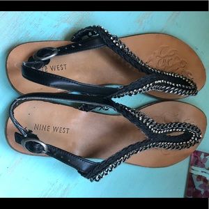 Nine West Black Leather + Chain Metal Sandals